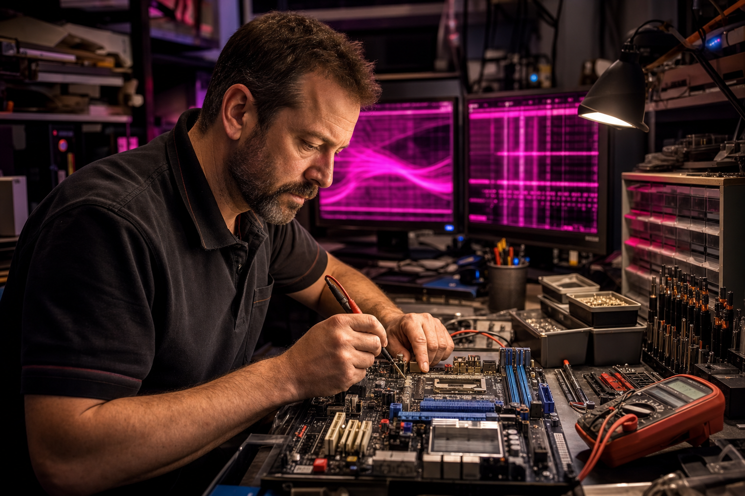 Guillaume Noel teste une carte mère à la sonde multimètre sur son établi de diagnostic à Laval, écrans magenta en arrière-plan