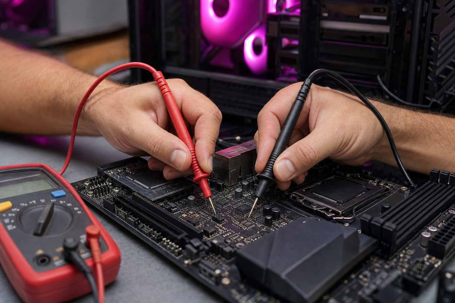 Technicien testant une carte mère de PC de bureau au multimètre sur l'établi de diagnostic