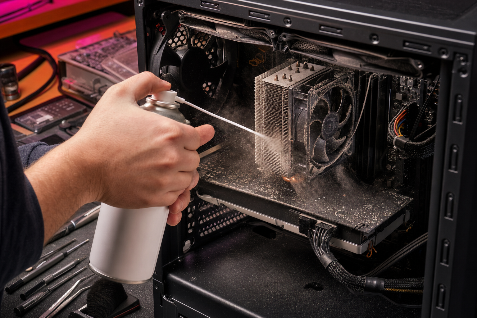 Nettoyage à l'air comprimé de l'intérieur d'une tour PC, poussière soufflée hors du dissipateur