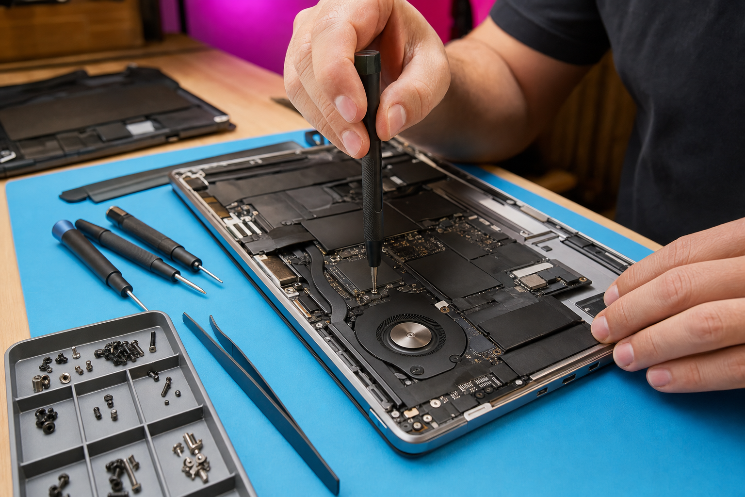 Technicien remplaçant un composant d'ordinateur portable au tournevis de précision sur tapis antistatique